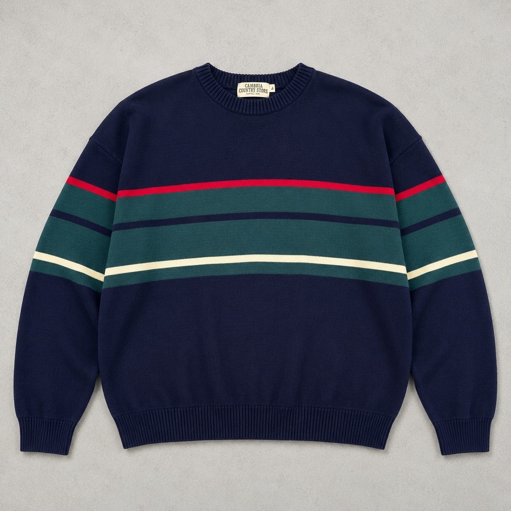 Vintage 90s Cambria Navy Blue Striped Crewneck Knit Sweater Pullover USA made - Picture 1 of 4